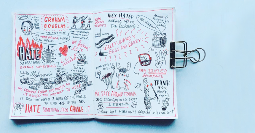 It’s become a sort of tradition that graphic design student Rachel Eleanor Phillips draws some finely-crafted doodles for each Industry Hero guest speaker. She always manages to capture the essence of the presentation, and the speakers always end up asking for a copy.