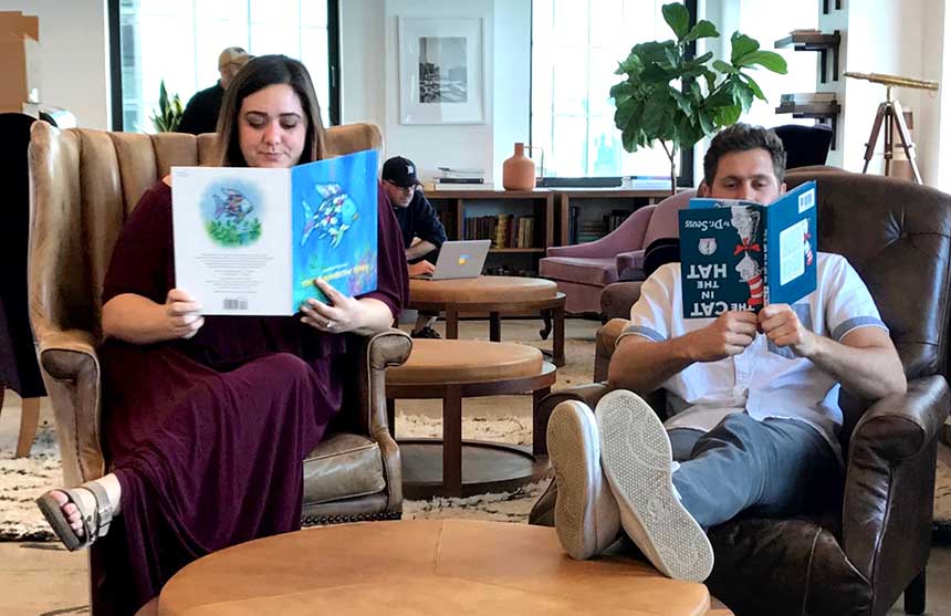 Taking a quick break in the Droga5 library. L to R: art direction student Stephanie Armstrong and copywriting student Dave Adams.