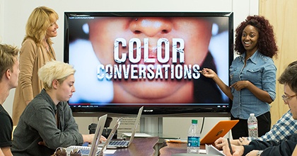 Shenice Brotherson (R) presents Color Conversations to instructor—and Miami Ad School Co-Founder and Head of Innovation and Development—Pippa Seichrist (L) in class at Miami Ad School Atlanta @ Portfolio Center.